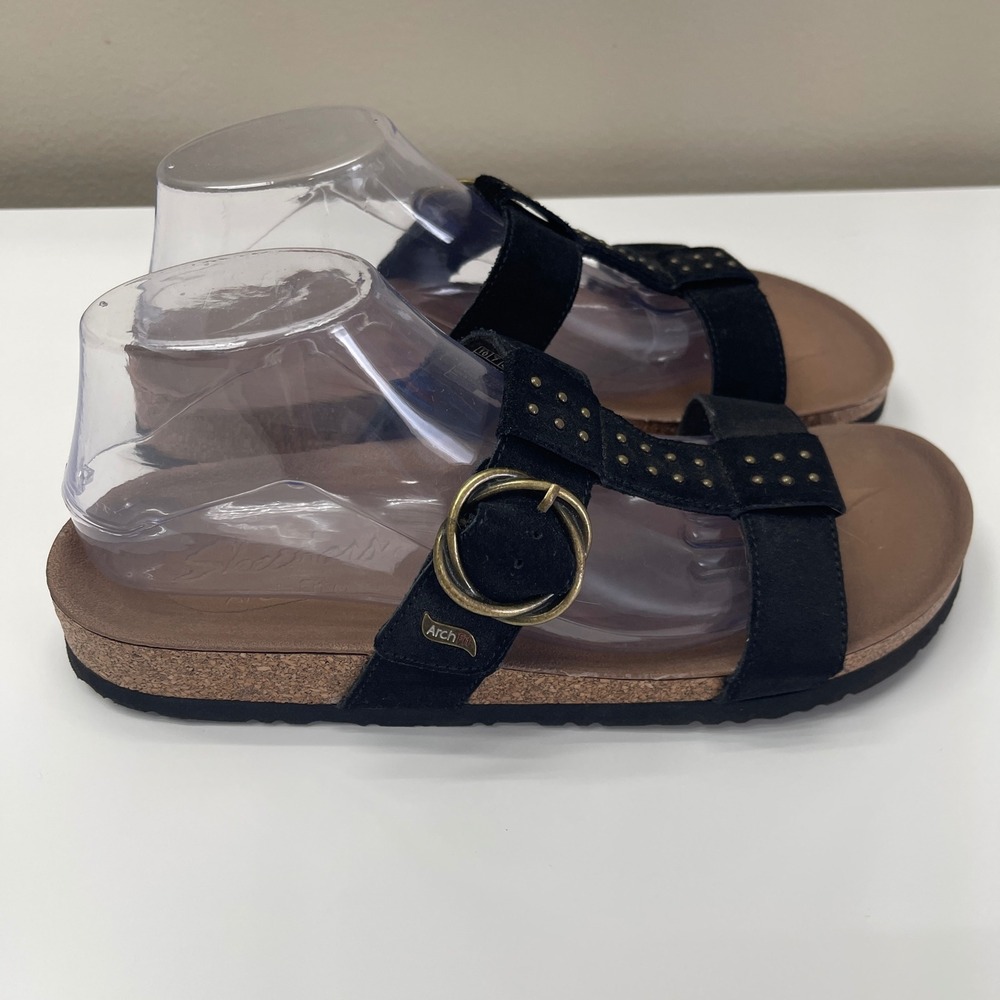 Skechers Sandals 10 Arch Fit Granola Sun-Days Black Suede Studded Slide 163351 - Picture 1 of 9